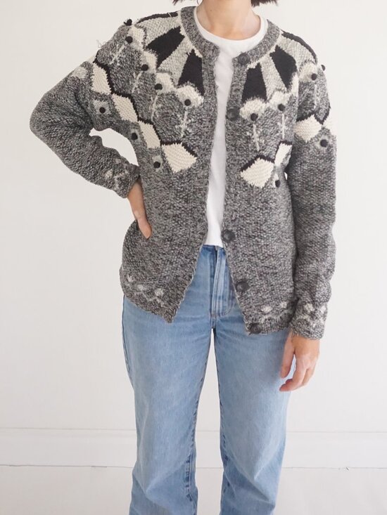 Sweaters - Vintage Crazy Horse Grey Black Geometric Textured Button Cotton Cardigan S